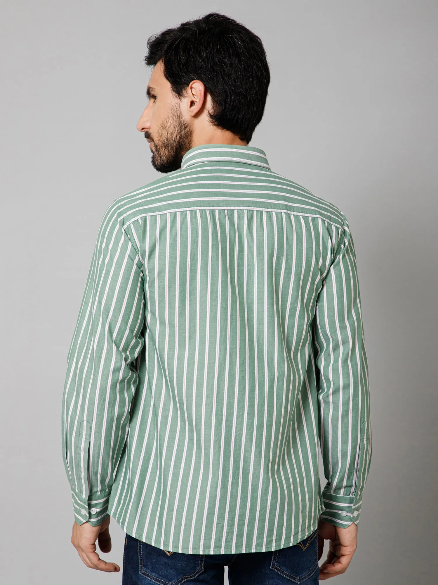 Men's Light Green Casual Narrow Stripe Full Sleeve Shirt