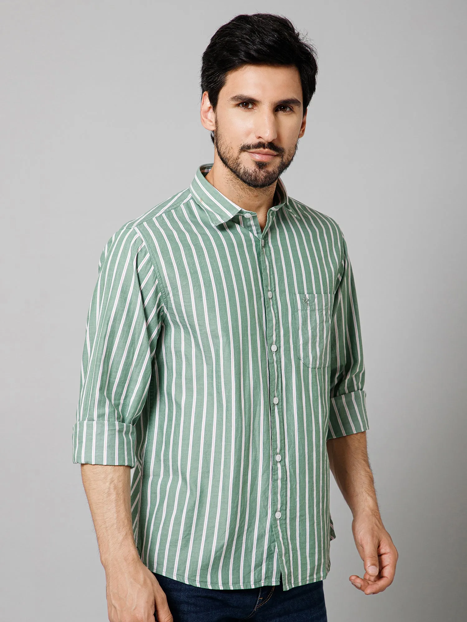 Men's Light Green Casual Narrow Stripe Full Sleeve Shirt