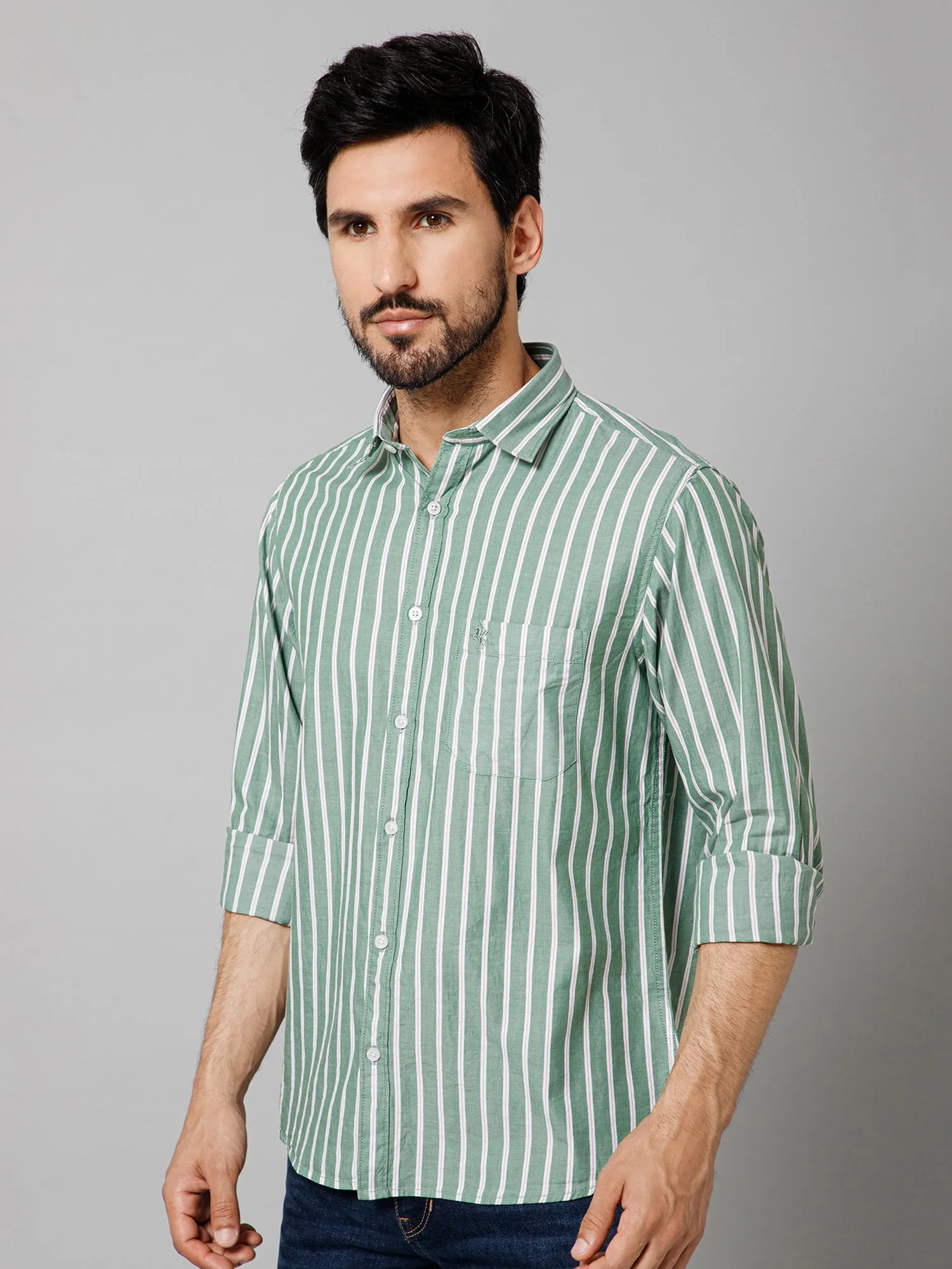 Men's Light Green Casual Narrow Stripe Full Sleeve Shirt