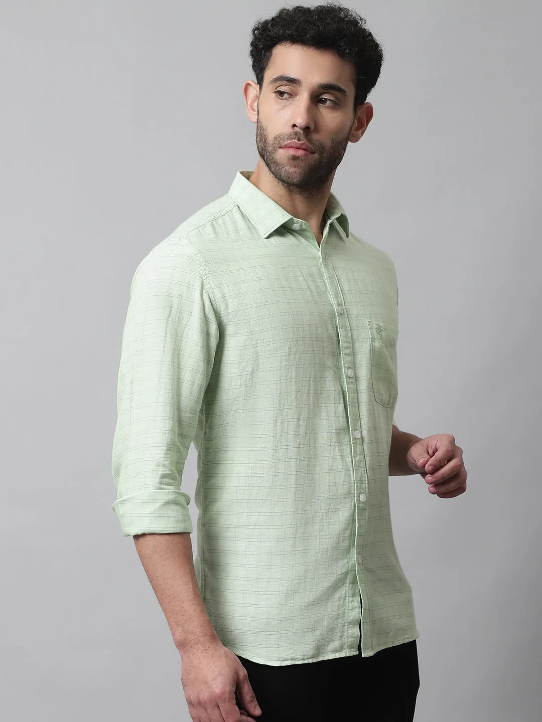 Men's Light Green Casual Small Checks Full Sleeve Shirt