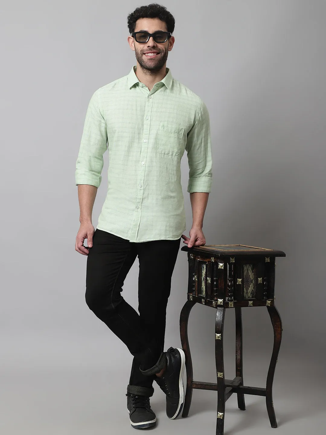 Men's Light Green Casual Small Checks Full Sleeve Shirt