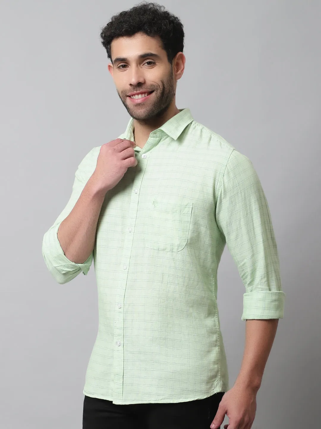 Men's Light Green Casual Small Checks Full Sleeve Shirt