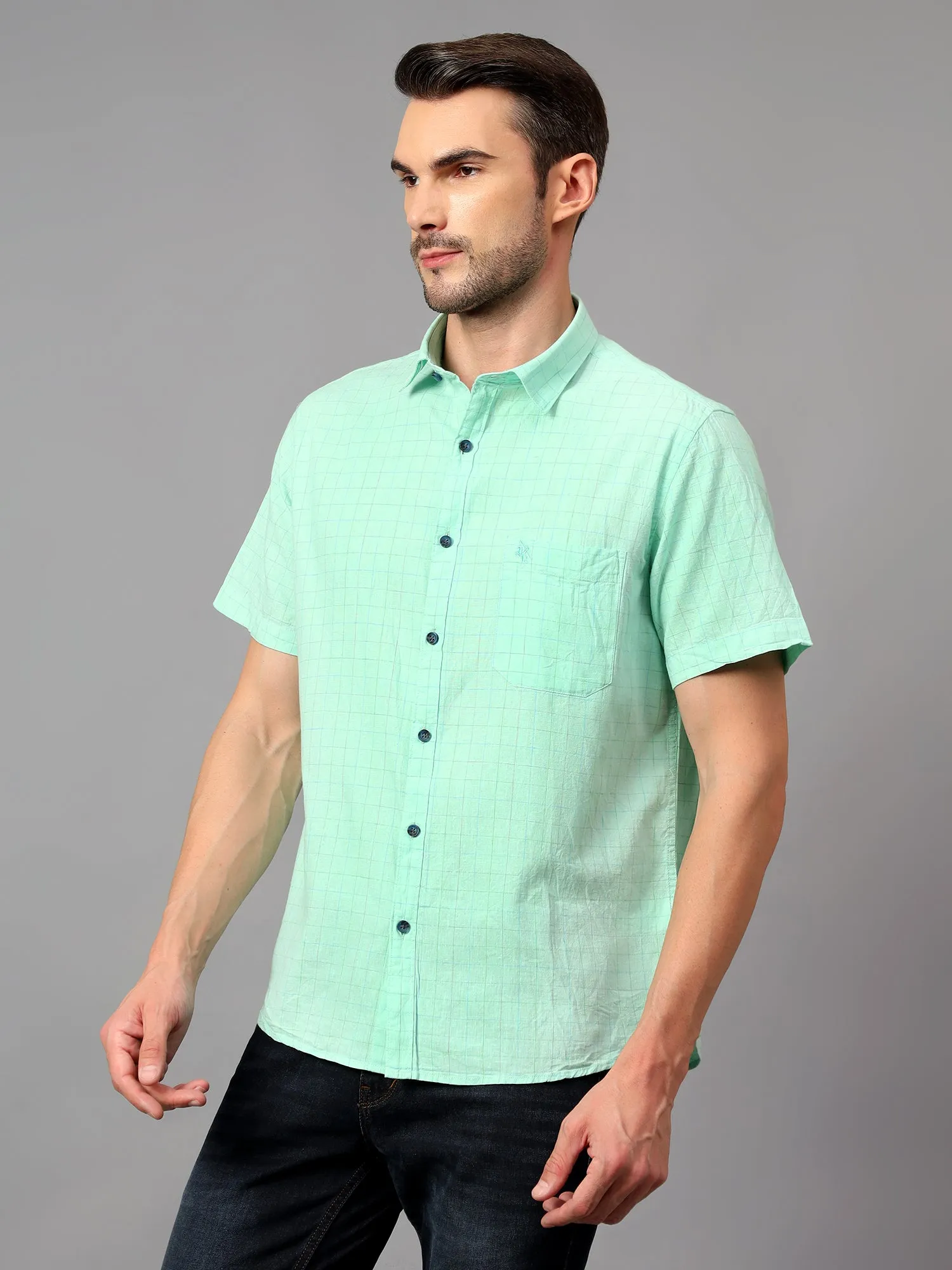 Men's Light Green Casual Small Checks Half sleeve Shirt