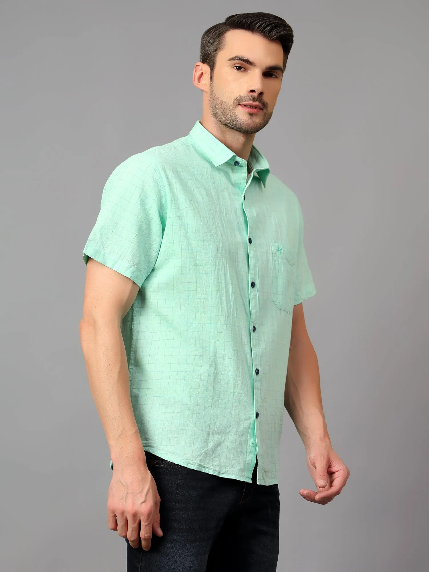 Men's Light Green Casual Small Checks Half sleeve Shirt