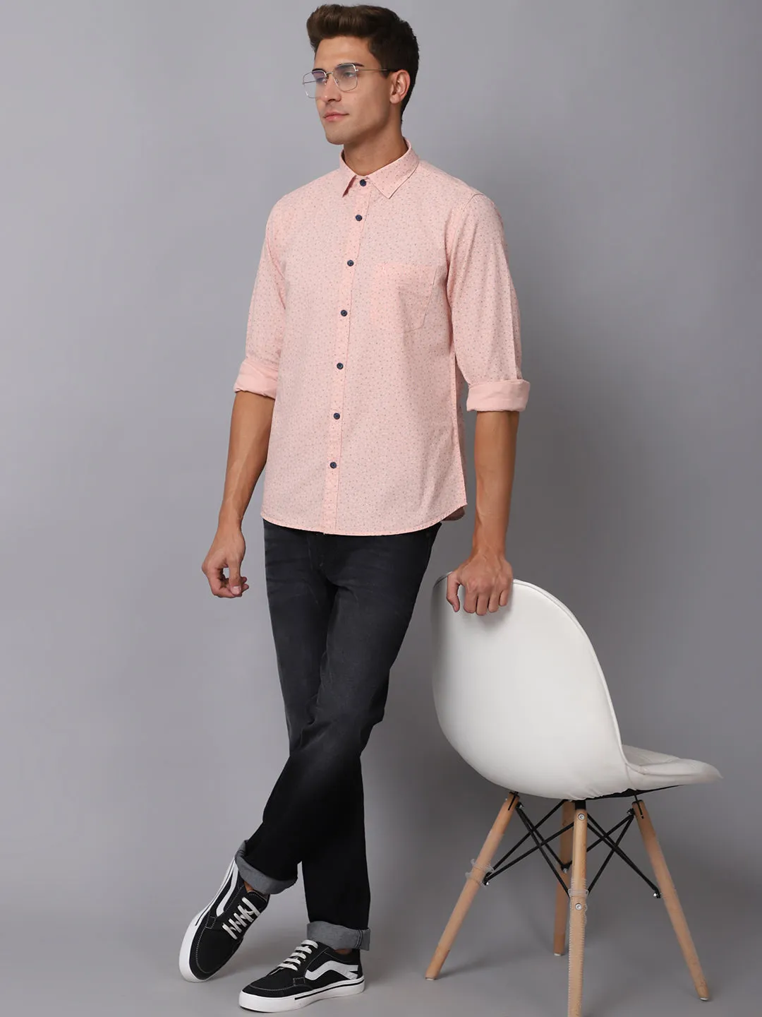 Men's Light Peach Casual Ditsy Print Full Sleeve Shirt