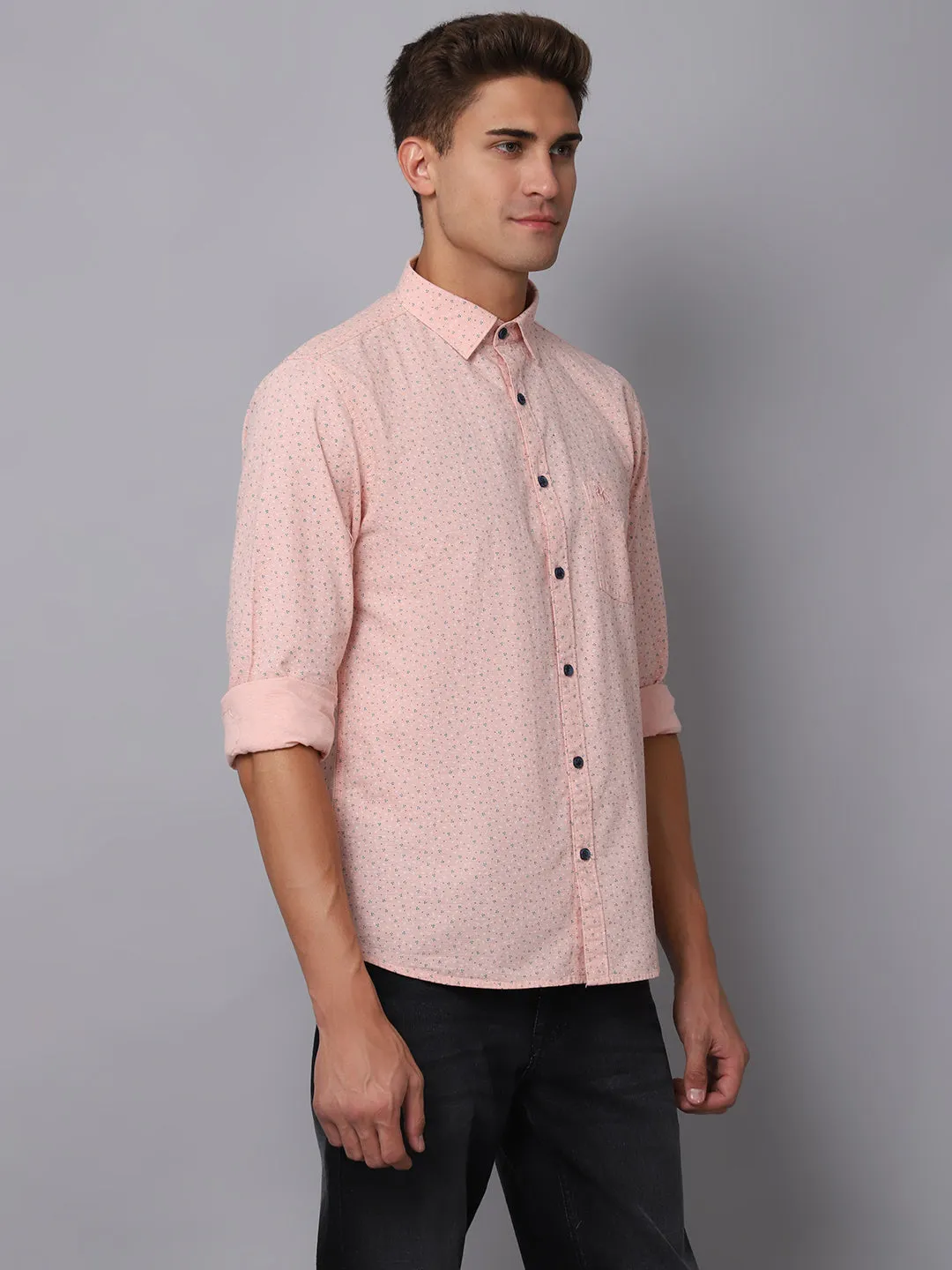 Men's Light Peach Casual Ditsy Print Full Sleeve Shirt