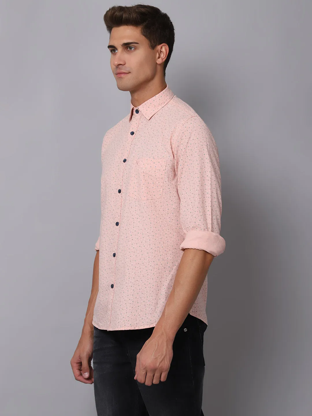 Men's Light Peach Casual Ditsy Print Full Sleeve Shirt