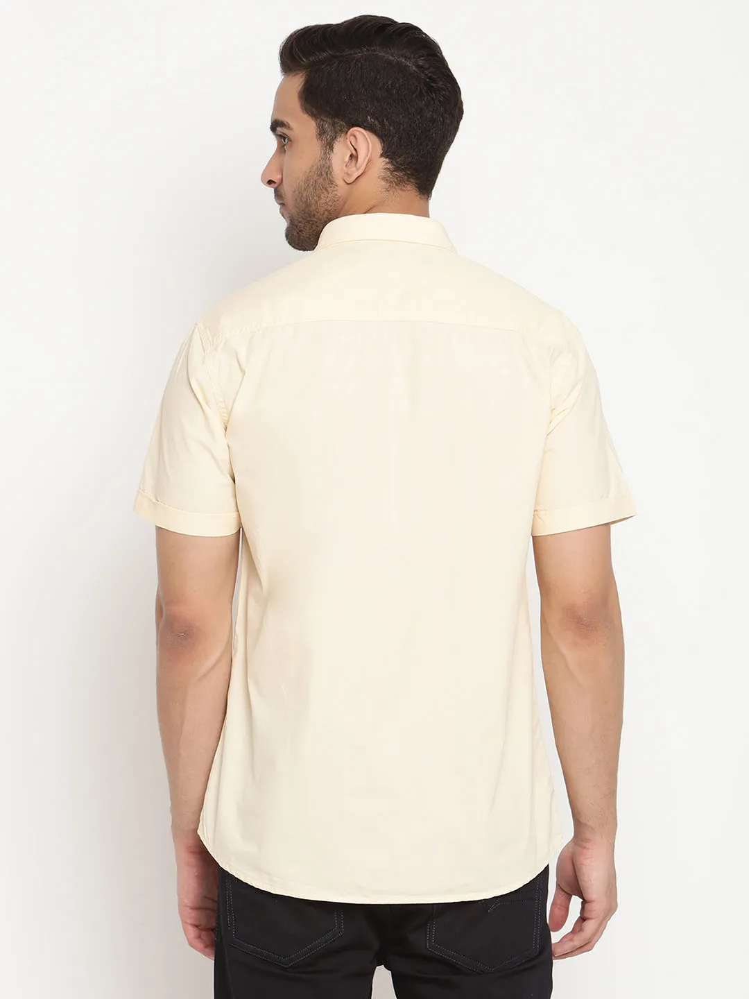 Men's Light Yellow Casual Plain Half Sleeve Shirt