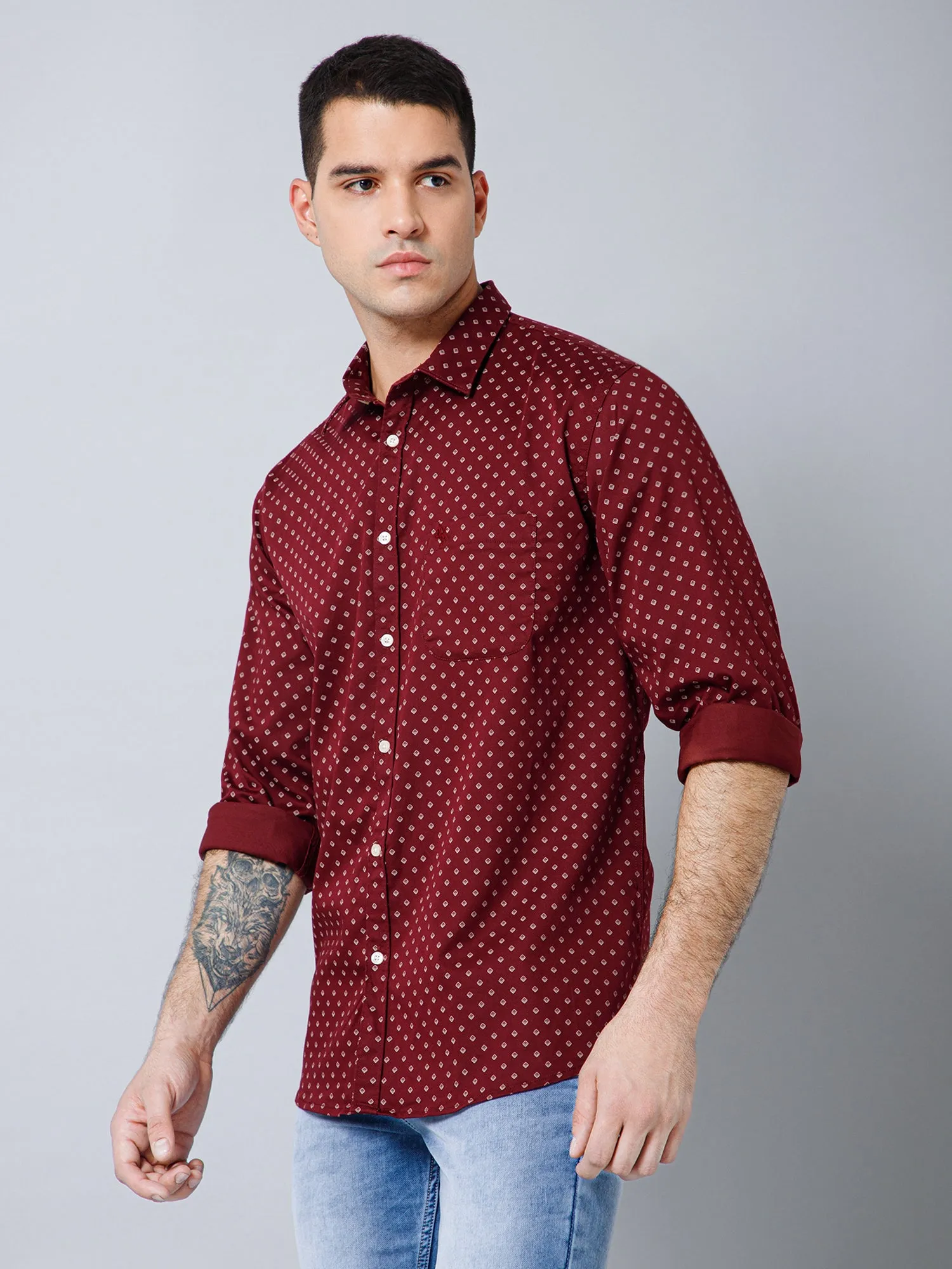 Men's Maroon Casual Geometric Ditsy Print Full Sleeve Shirt