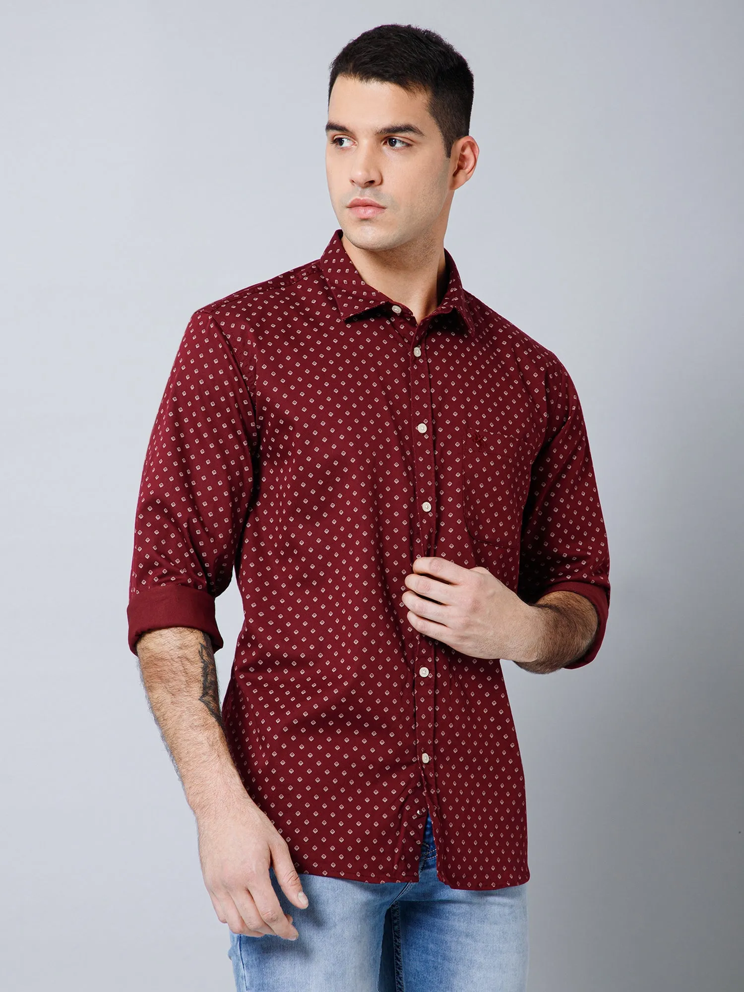 Men's Maroon Casual Geometric Ditsy Print Full Sleeve Shirt