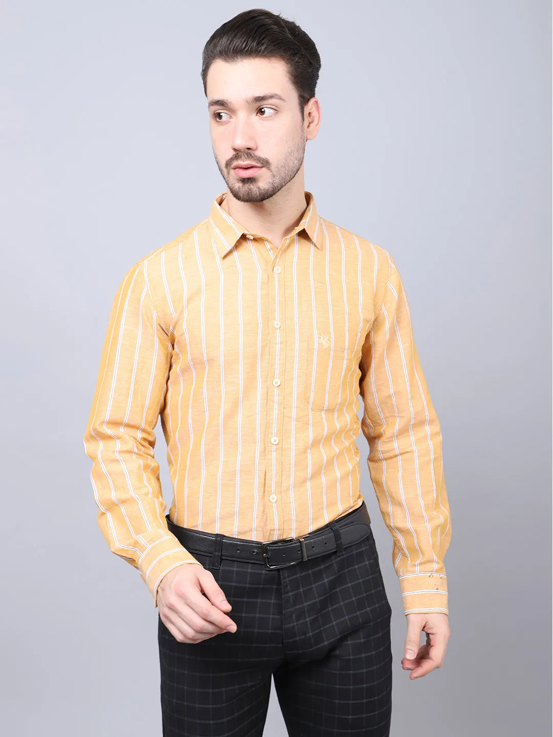 Men's Mustard Casual Broad Stripe Full Sleeve Shirt