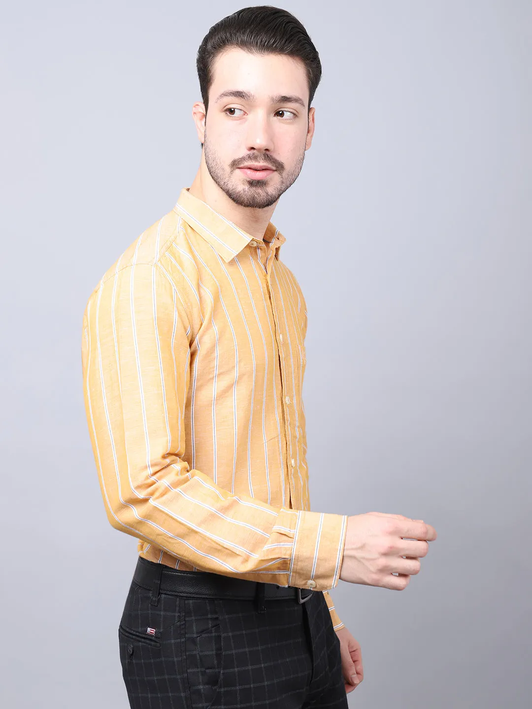 Men's Mustard Casual Broad Stripe Full Sleeve Shirt