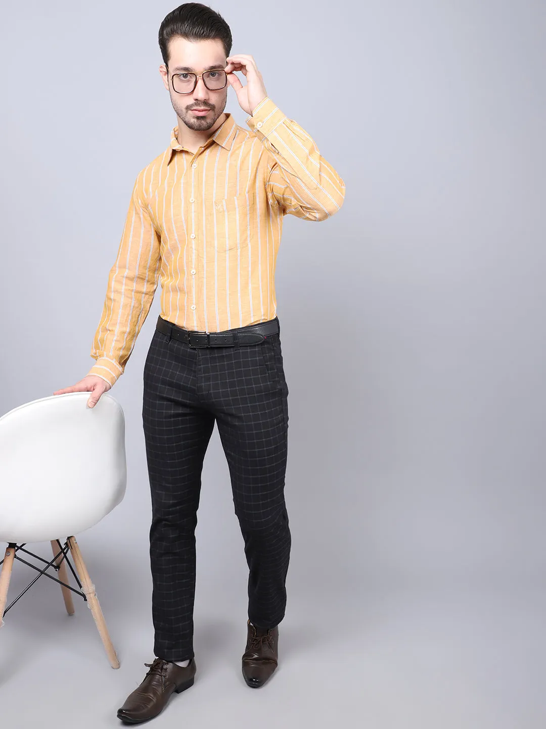 Men's Mustard Casual Broad Stripe Full Sleeve Shirt