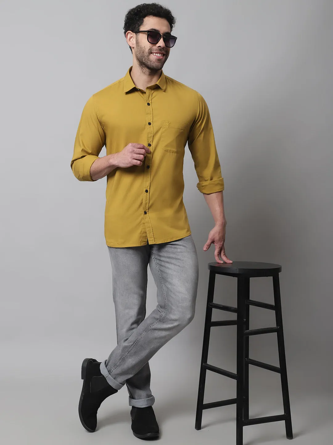 Men's Mustard Casual Plain Stretch Full Sleeve Shirt