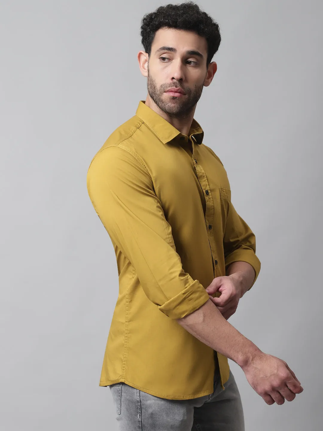 Men's Mustard Casual Plain Stretch Full Sleeve Shirt