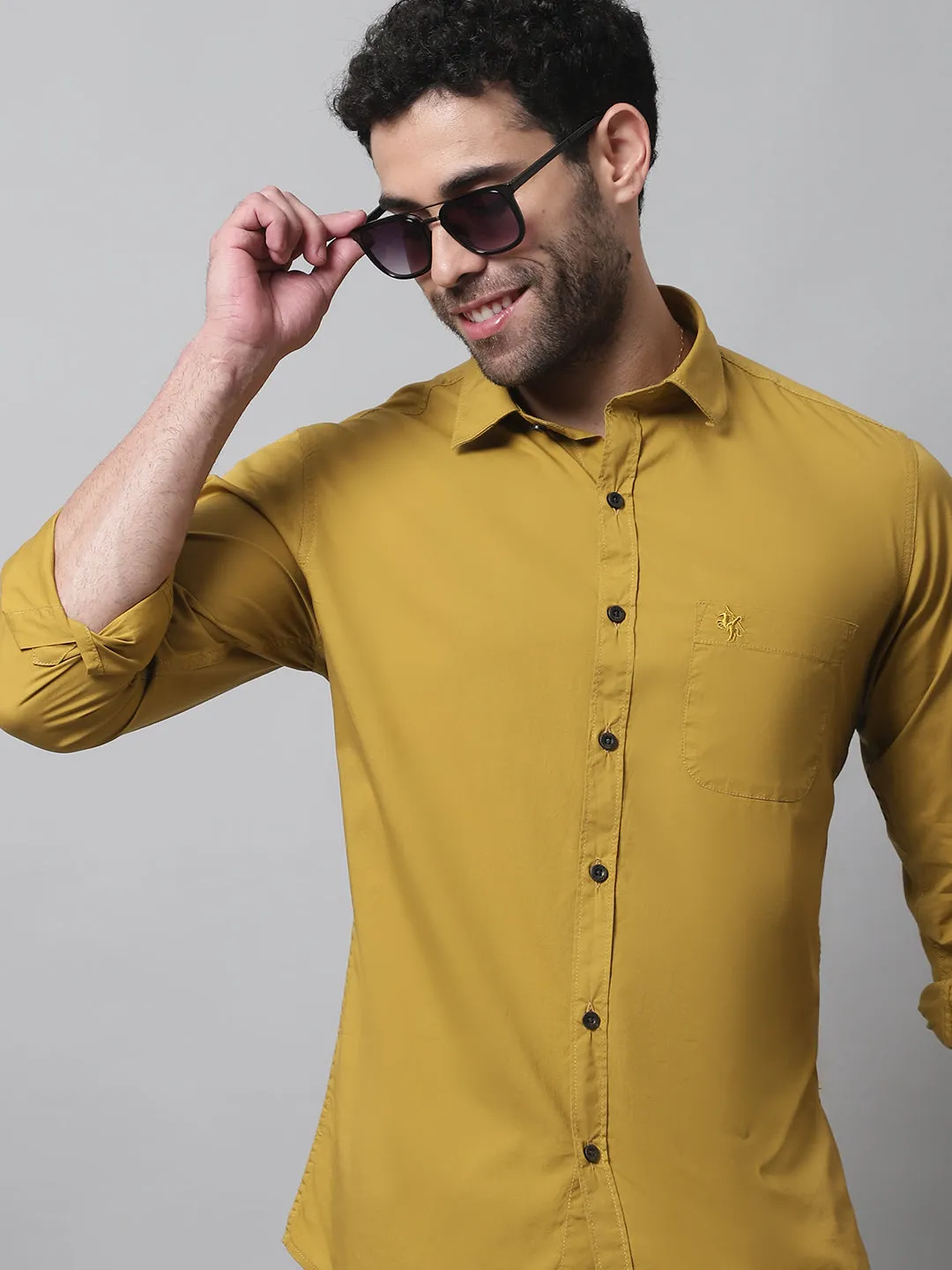 Men's Mustard Casual Plain Stretch Full Sleeve Shirt