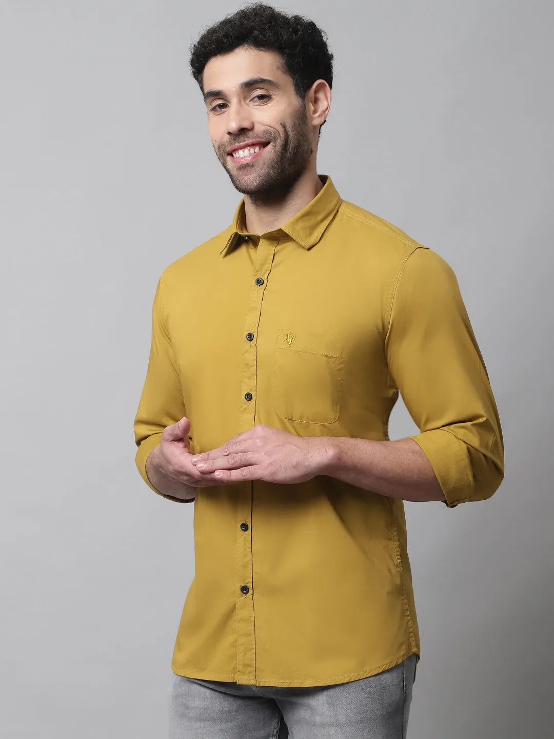 Men's Mustard Casual Plain Stretch Full Sleeve Shirt