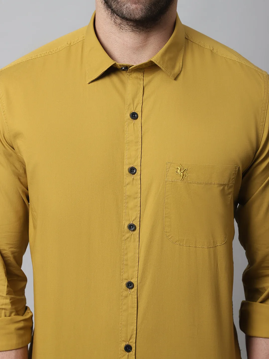 Men's Mustard Casual Plain Stretch Full Sleeve Shirt