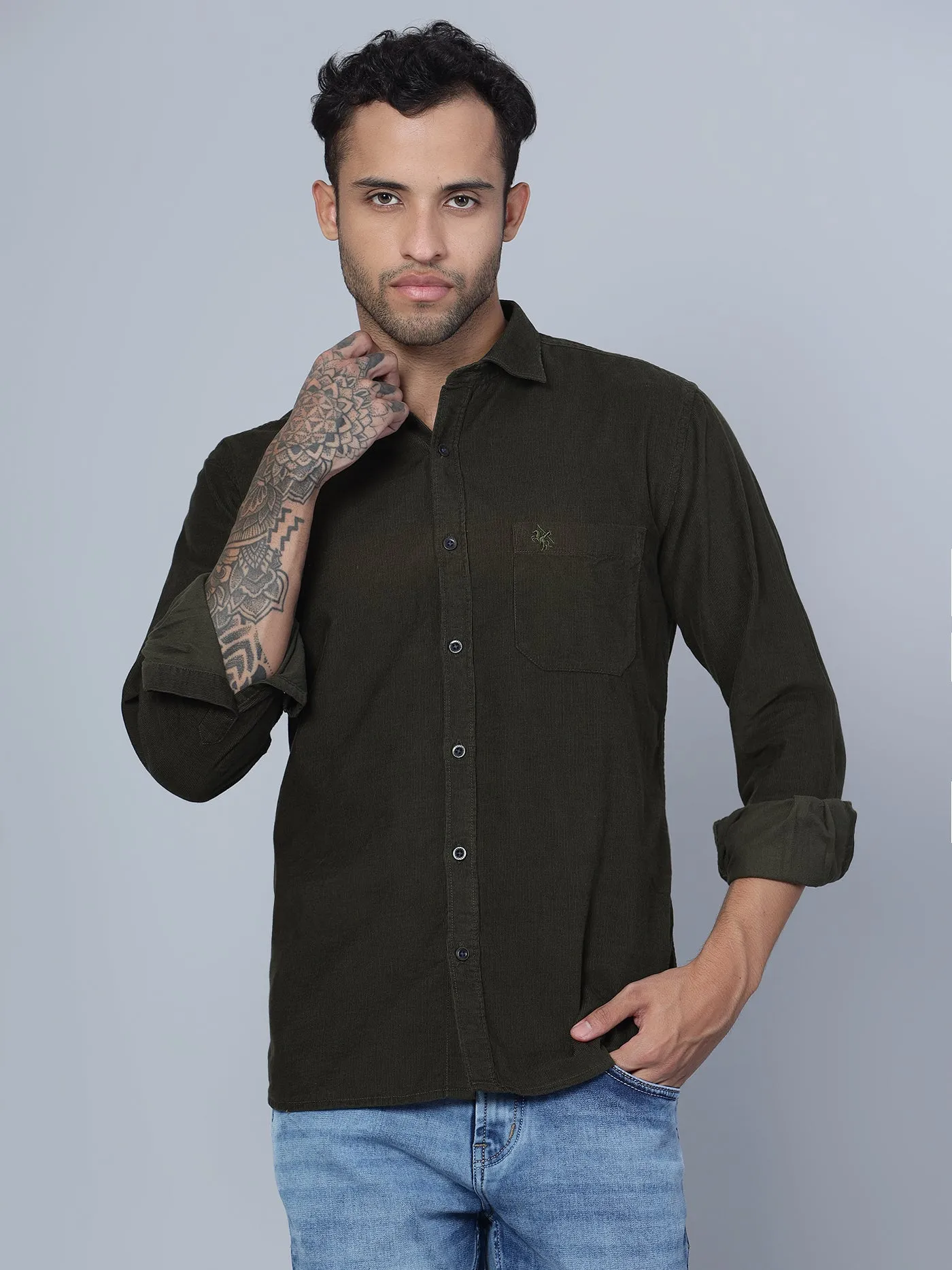 Men's Olive Green Casual Corduroy Full Sleeve Shirt