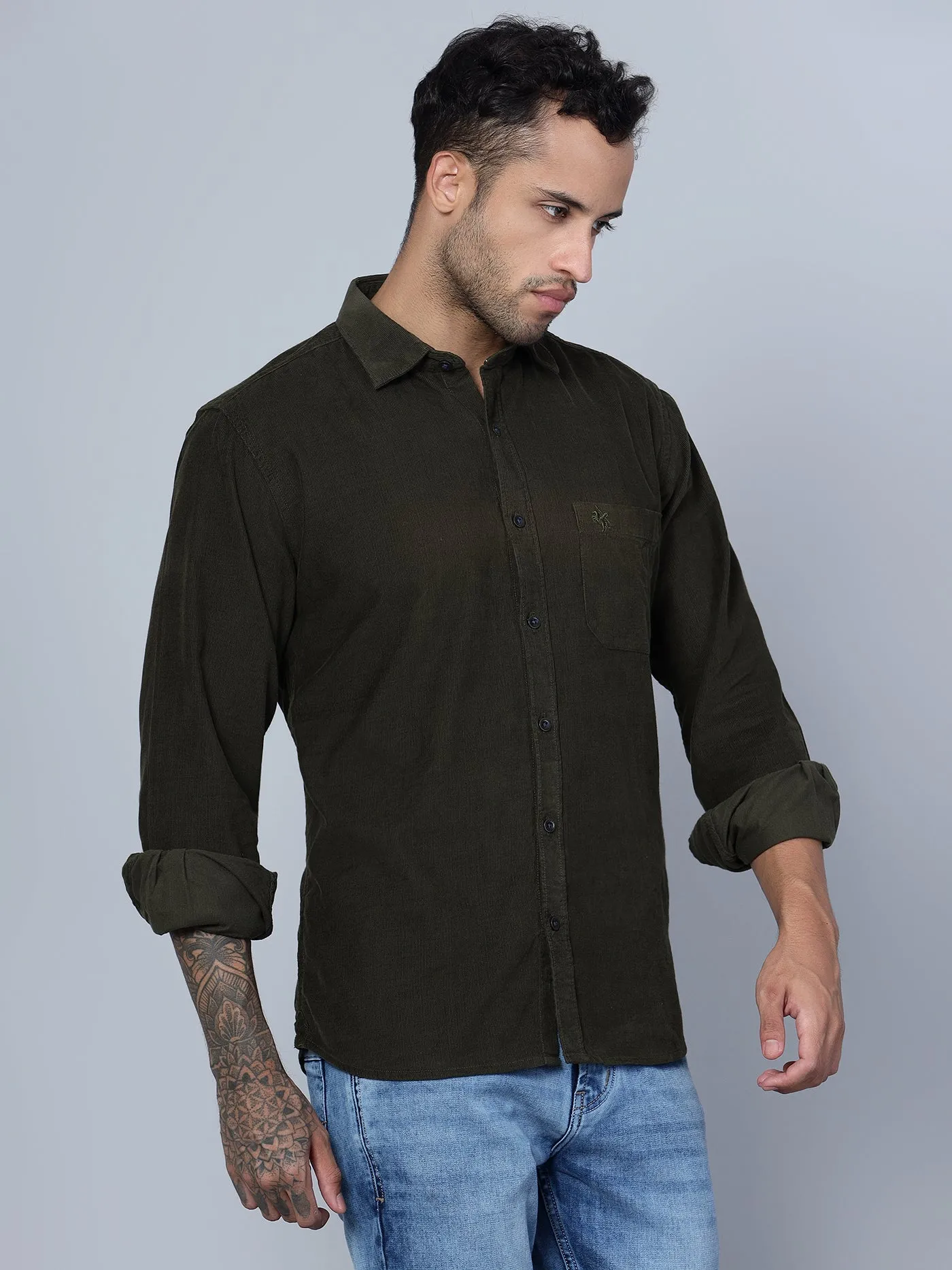 Men's Olive Green Casual Corduroy Full Sleeve Shirt