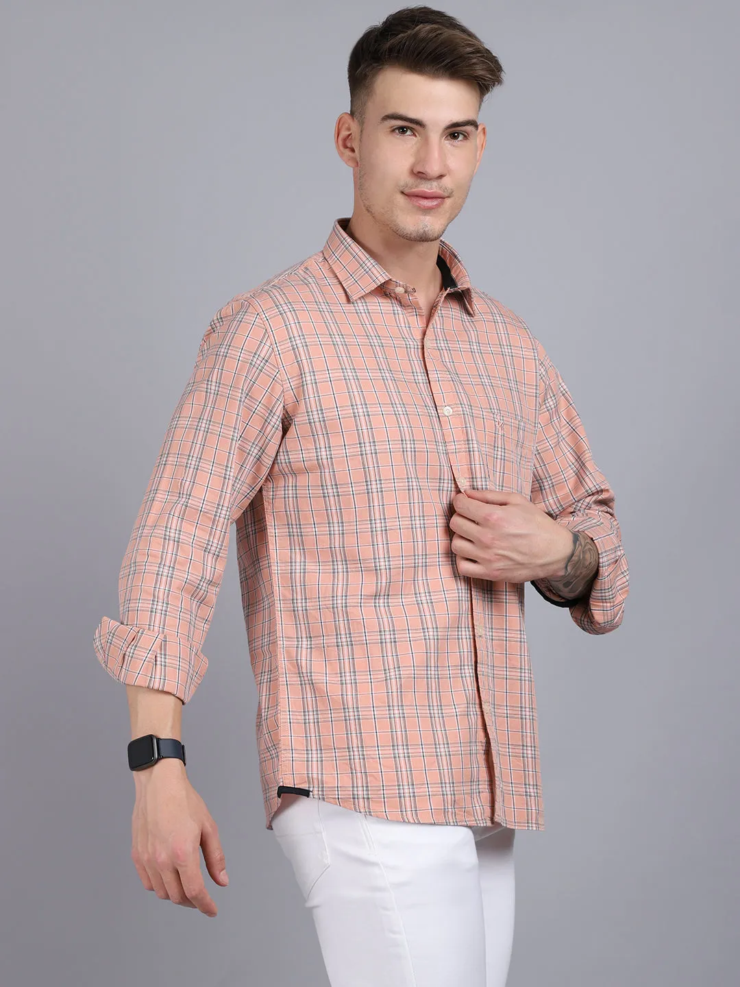 Men's Peach Casual Medium Checks Full Sleeve Shirt