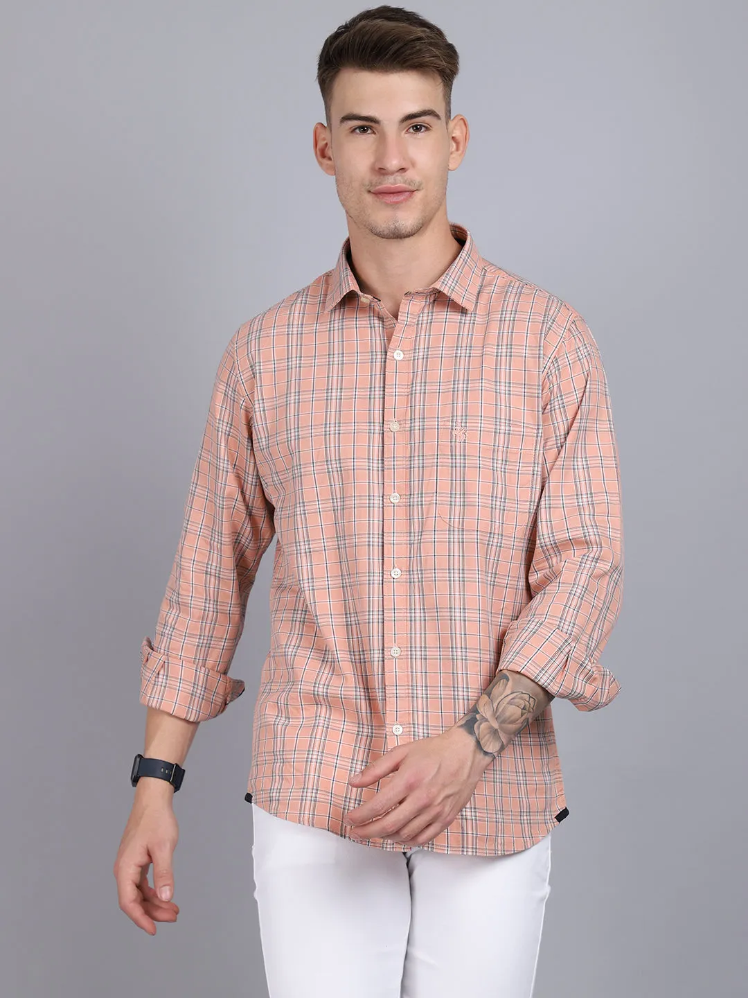 Men's Peach Casual Medium Checks Full Sleeve Shirt