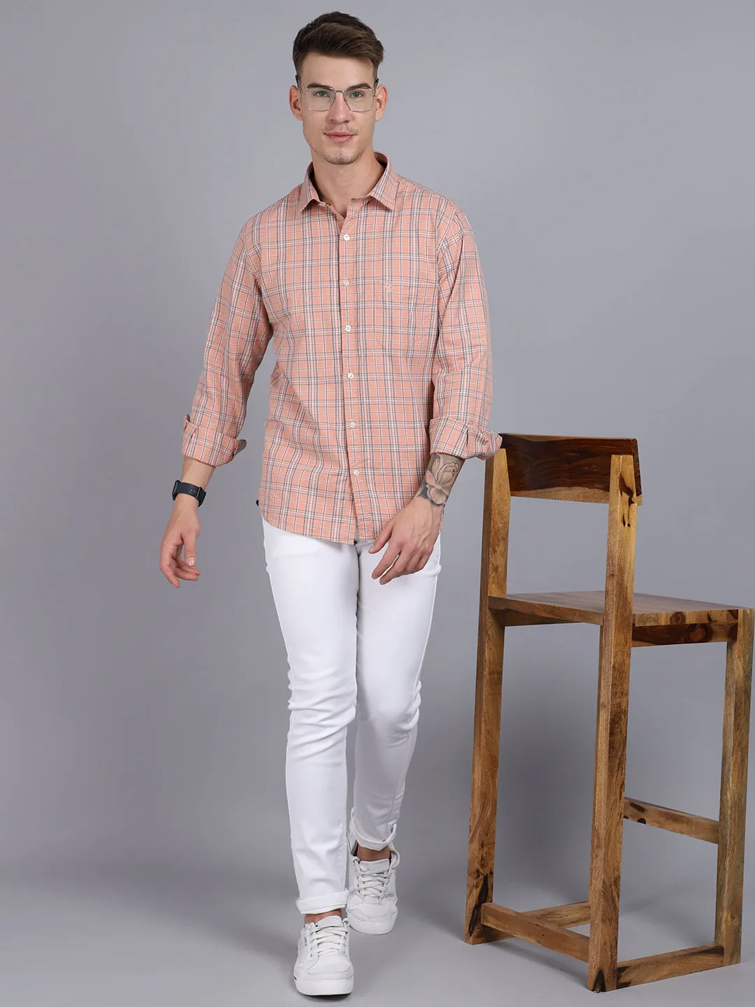 Men's Peach Casual Medium Checks Full Sleeve Shirt