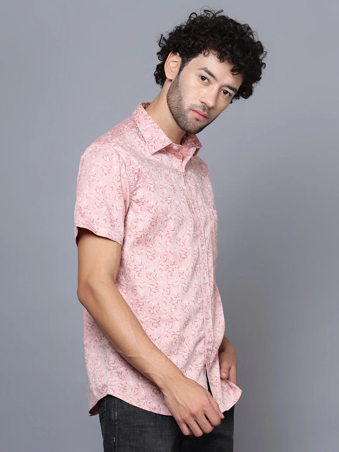 Men's Pink Casual Floral Print Half Sleeve Shirt