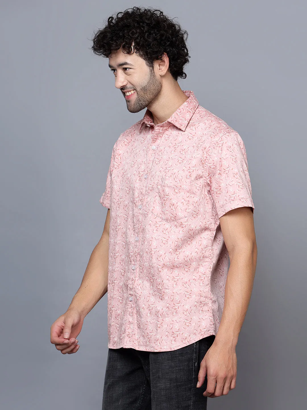 Men's Pink Casual Floral Print Half Sleeve Shirt