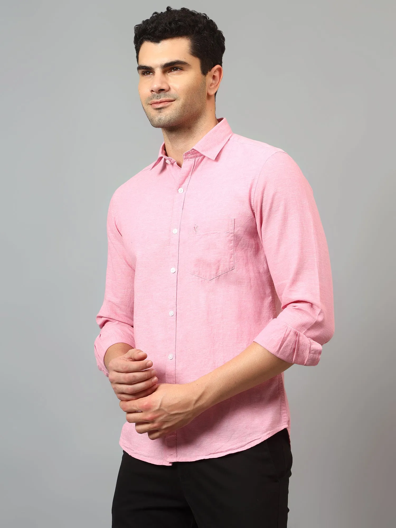 Men's Pink Casual Plain Full Sleeve Shirt