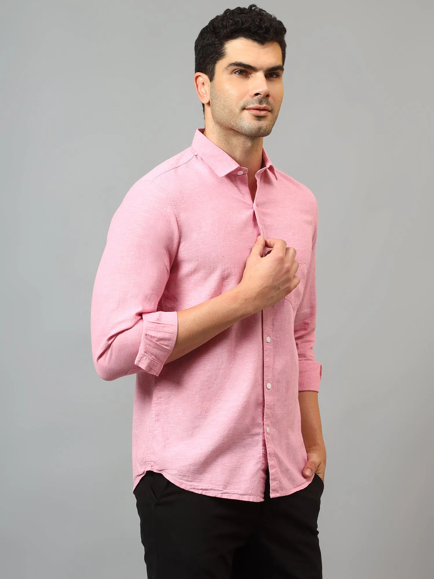 Men's Pink Casual Plain Full Sleeve Shirt