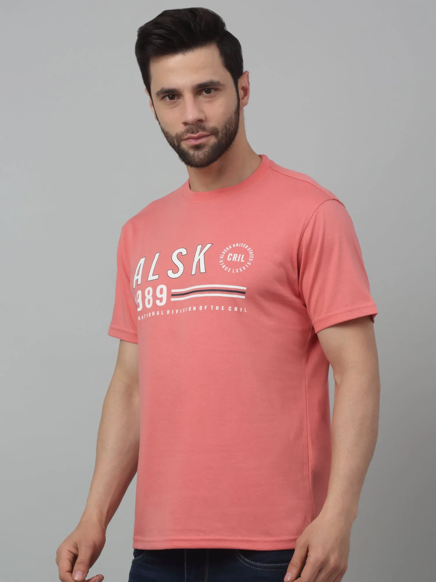 Men's Pink  Round neck Half Sleeve T-Shirt with print