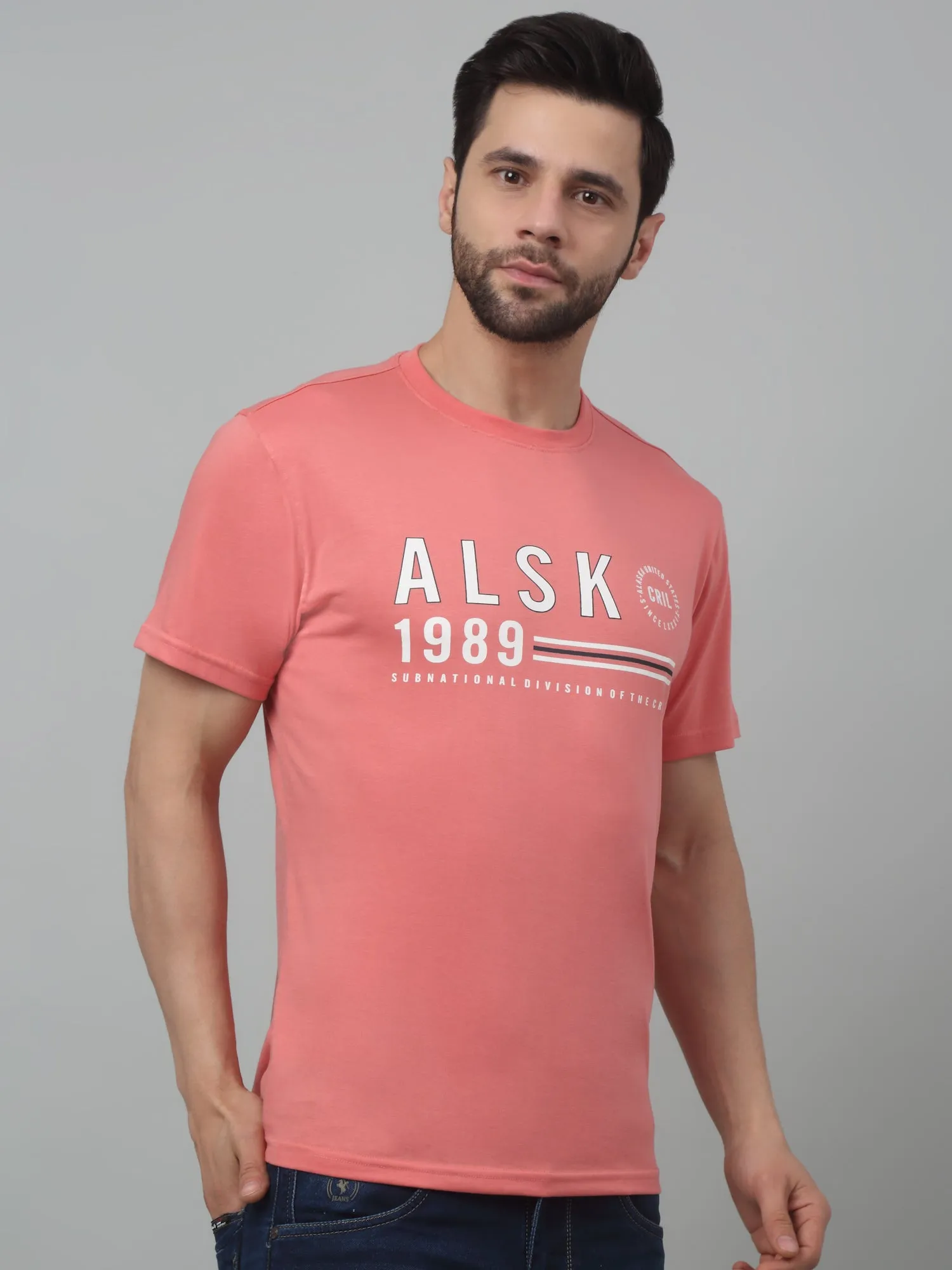 Men's Pink  Round neck Half Sleeve T-Shirt with print