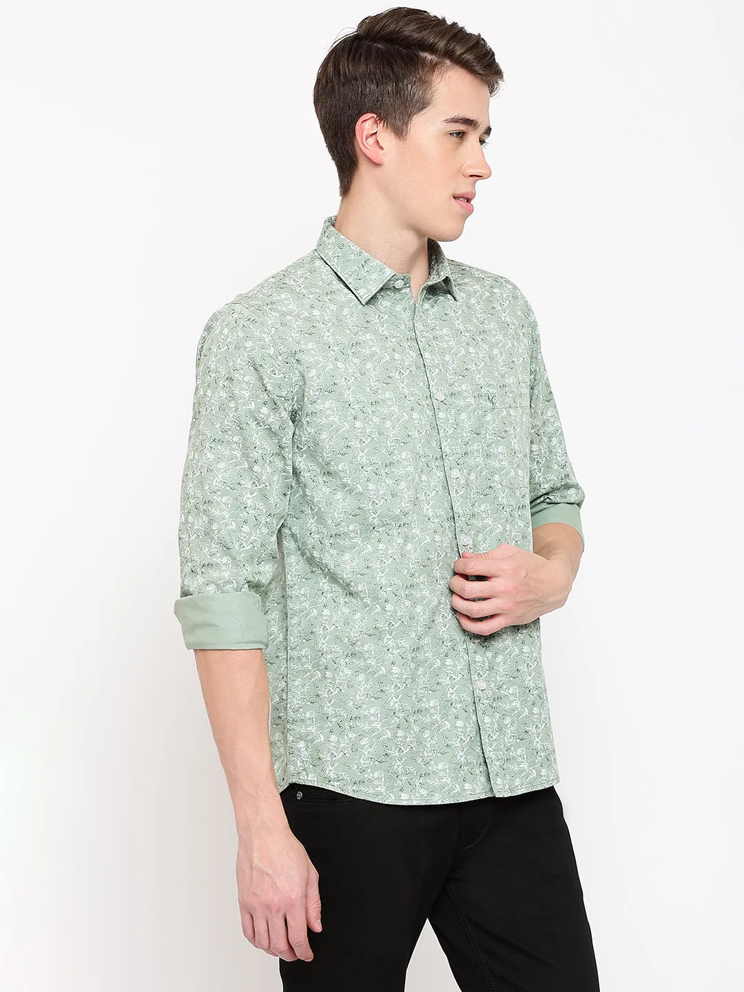 Men's Pista Green Casual Floral Print Full Sleeve Shirt