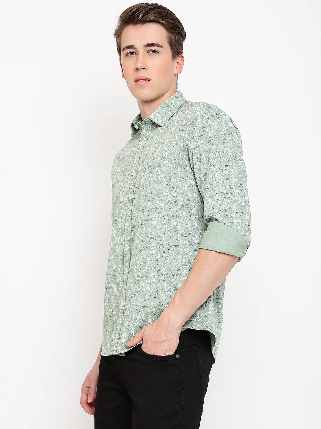 Men's Pista Green Casual Floral Print Full Sleeve Shirt