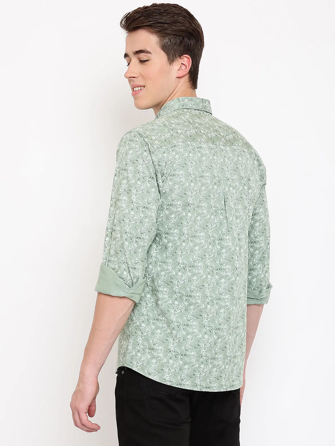 Men's Pista Green Casual Floral Print Full Sleeve Shirt