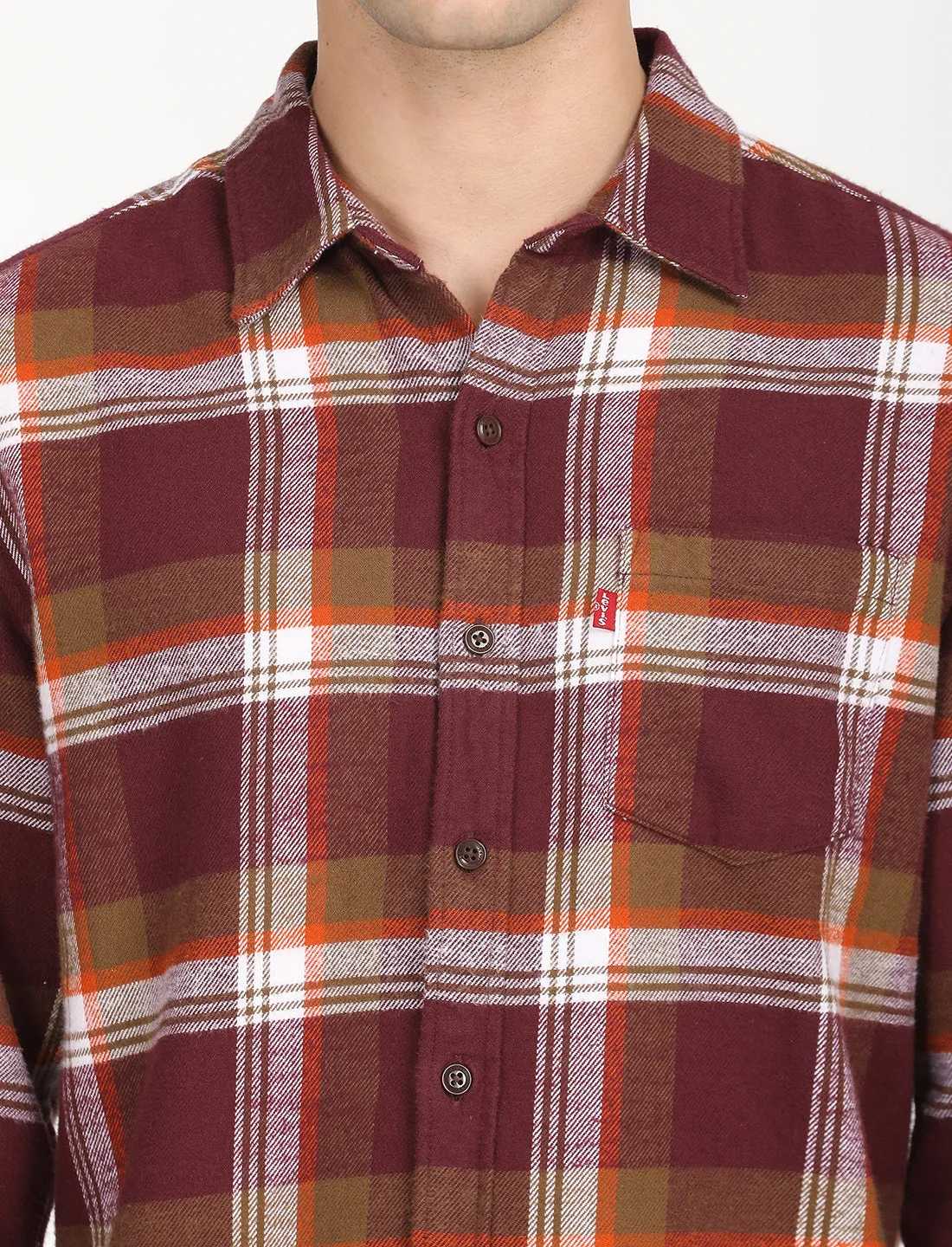 Men's Plaid Maroon Spread Collar Shacket