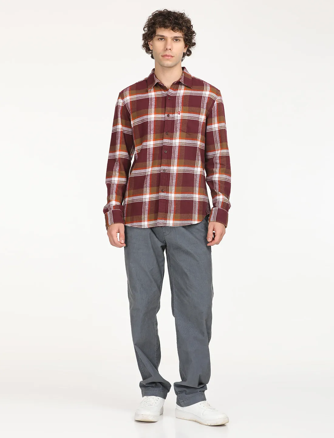 Men's Plaid Maroon Spread Collar Shacket