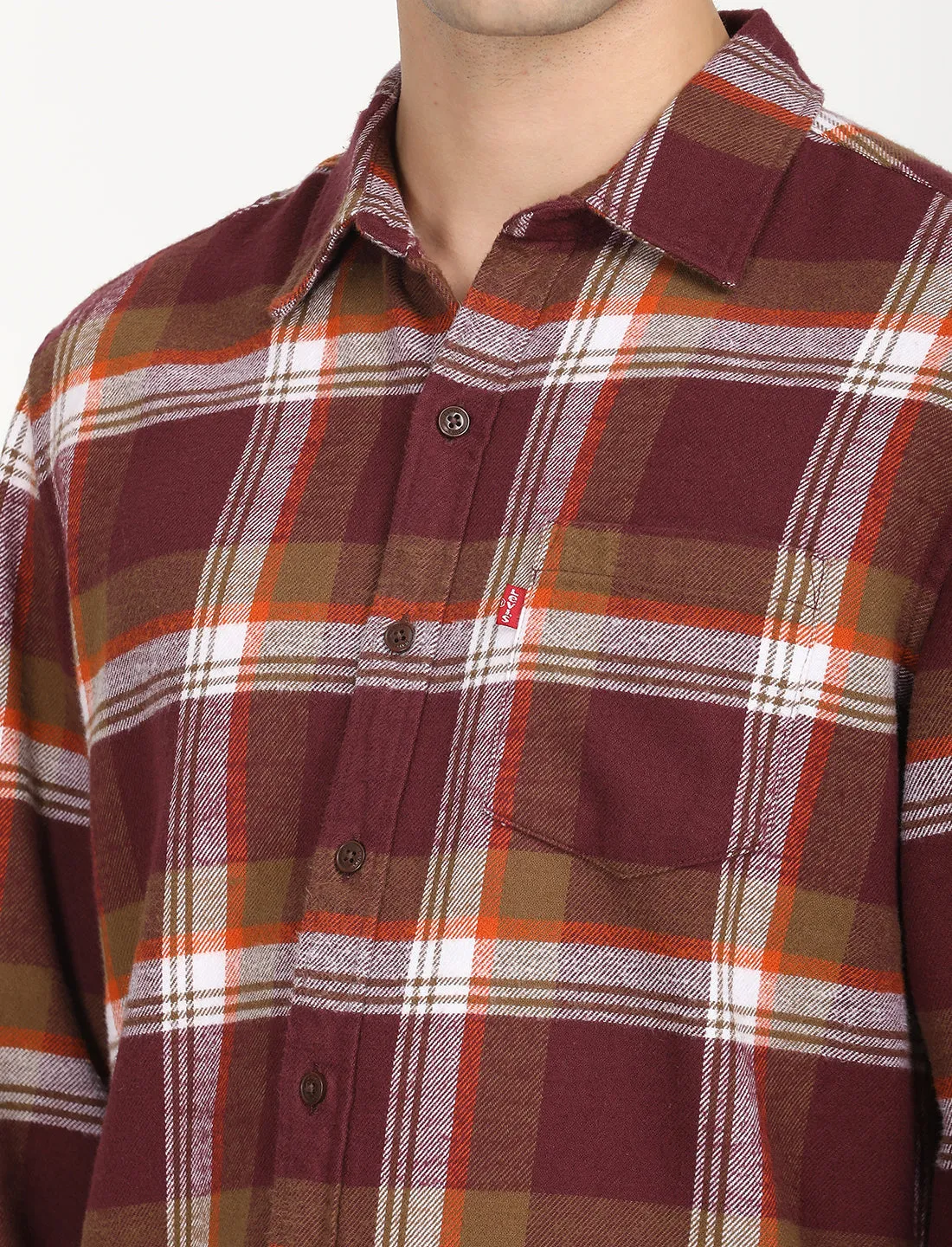 Men's Plaid Maroon Spread Collar Shacket