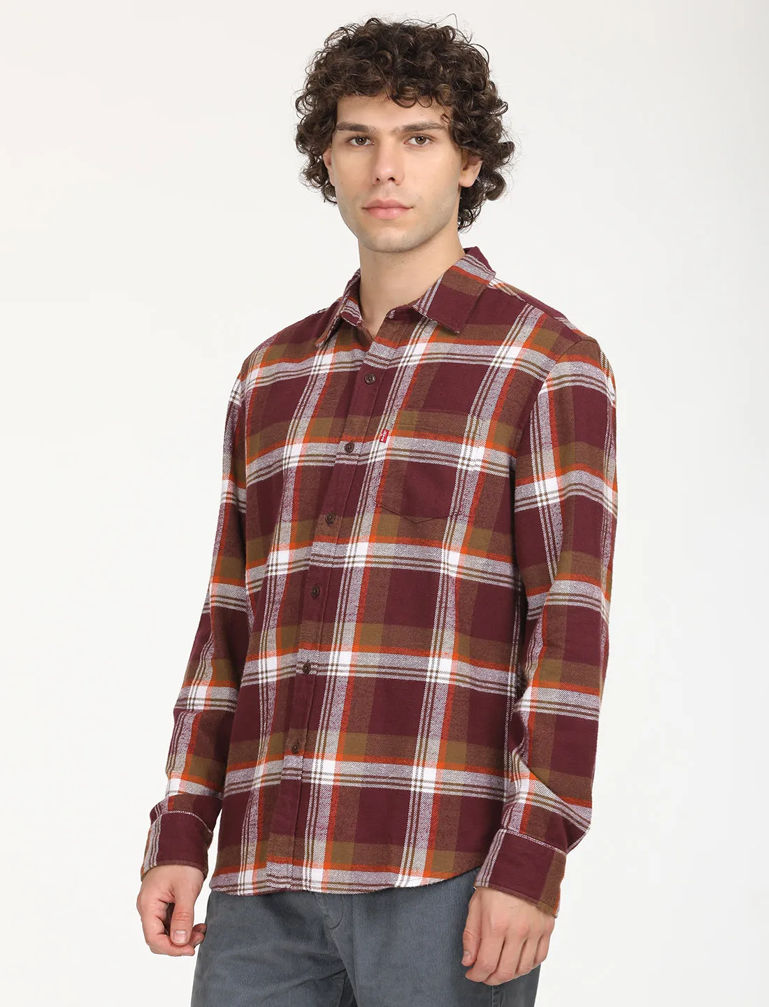 Men's Plaid Maroon Spread Collar Shacket