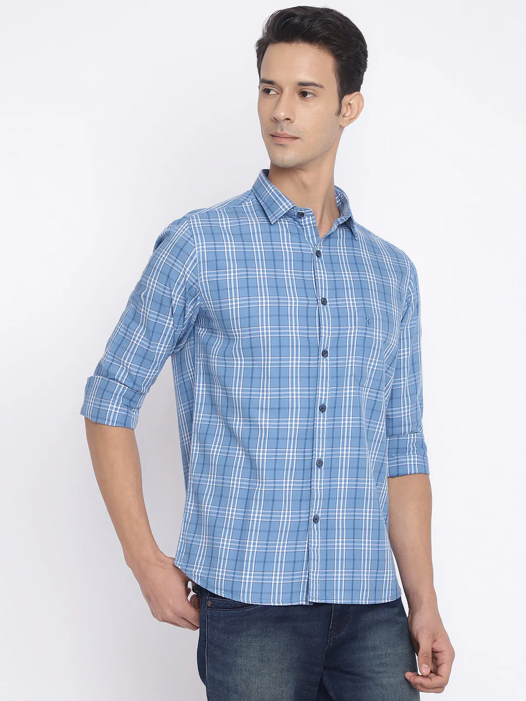 Men's Sky Blue Casual Big Checks Full Sleeve Shirt