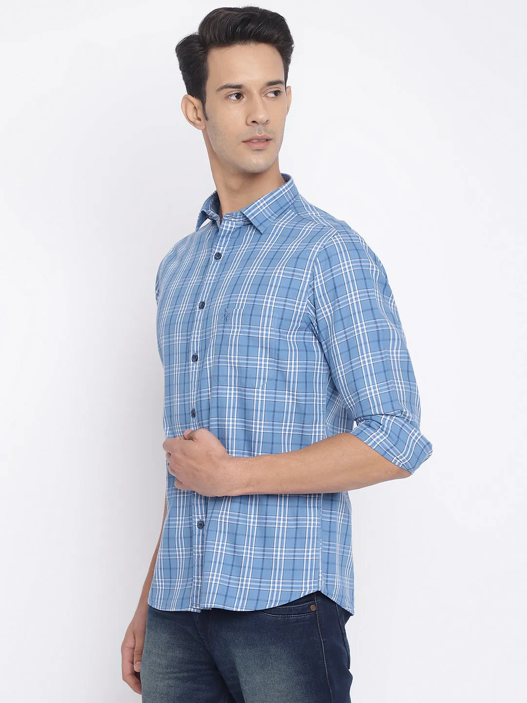 Men's Sky Blue Casual Big Checks Full Sleeve Shirt