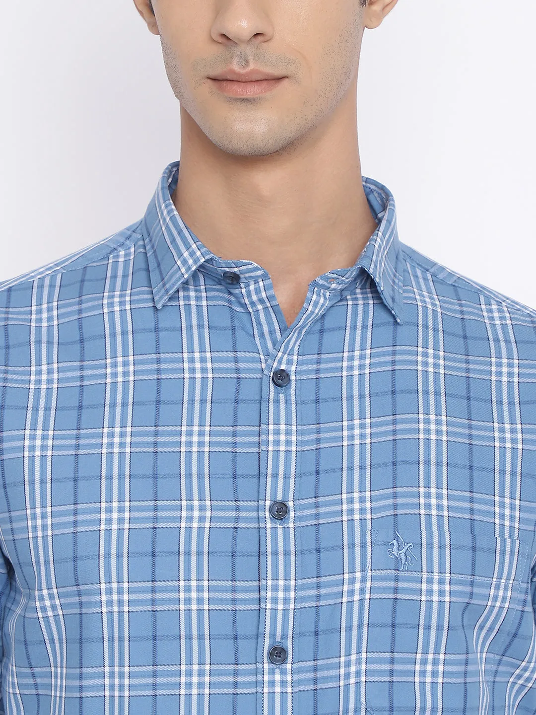 Men's Sky Blue Casual Big Checks Full Sleeve Shirt