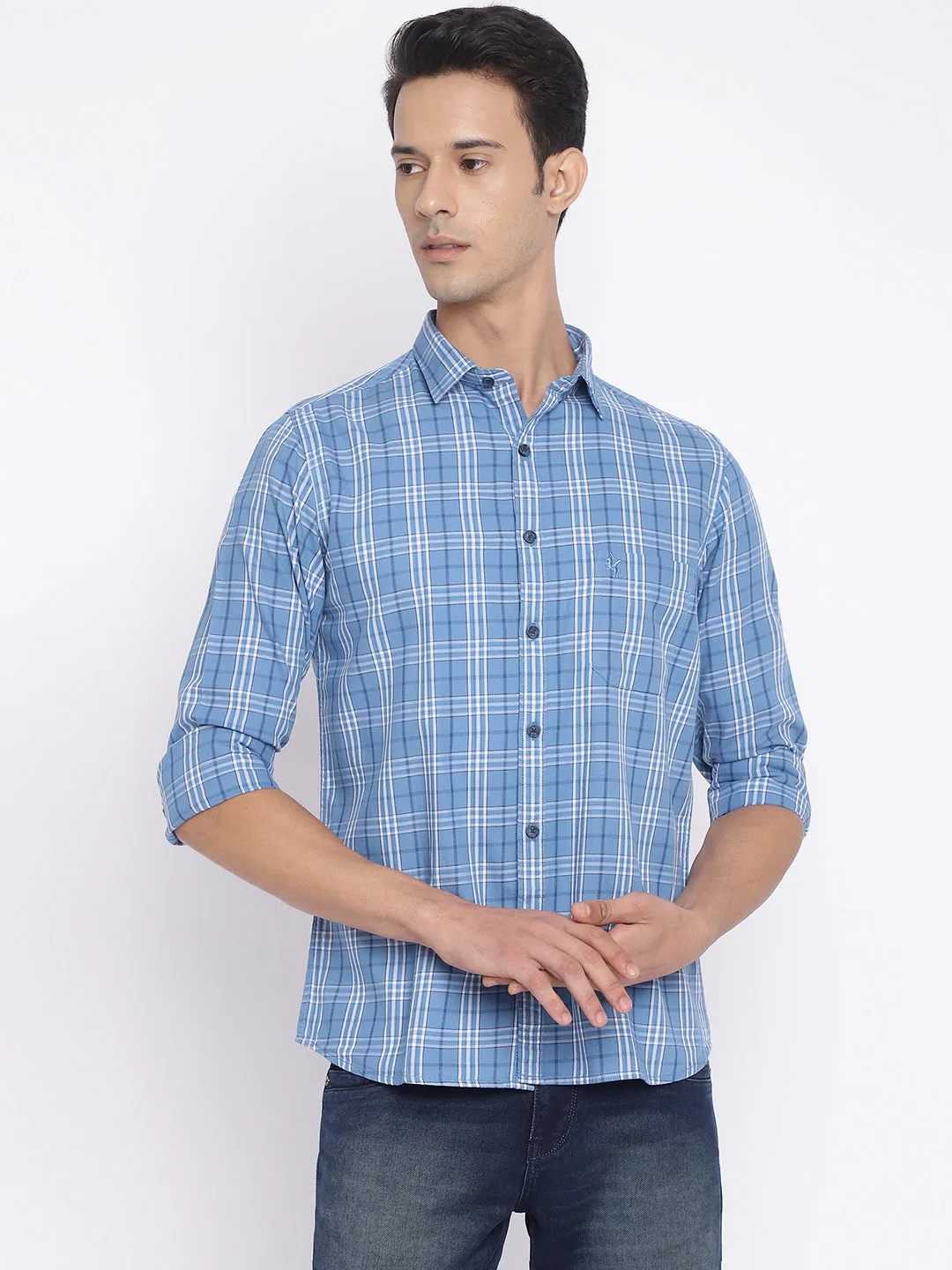 Men's Sky Blue Casual Big Checks Full Sleeve Shirt