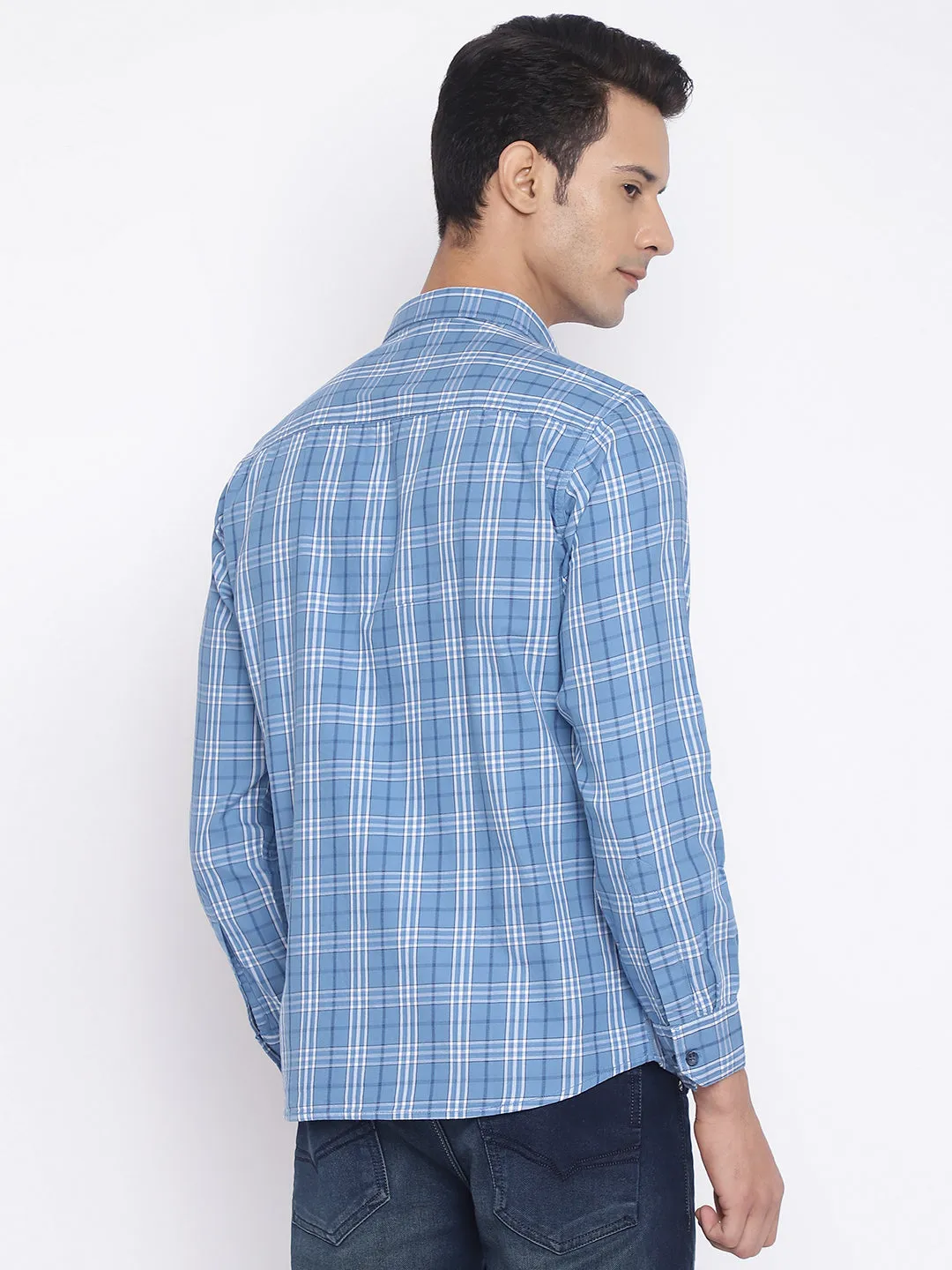 Men's Sky Blue Casual Big Checks Full Sleeve Shirt