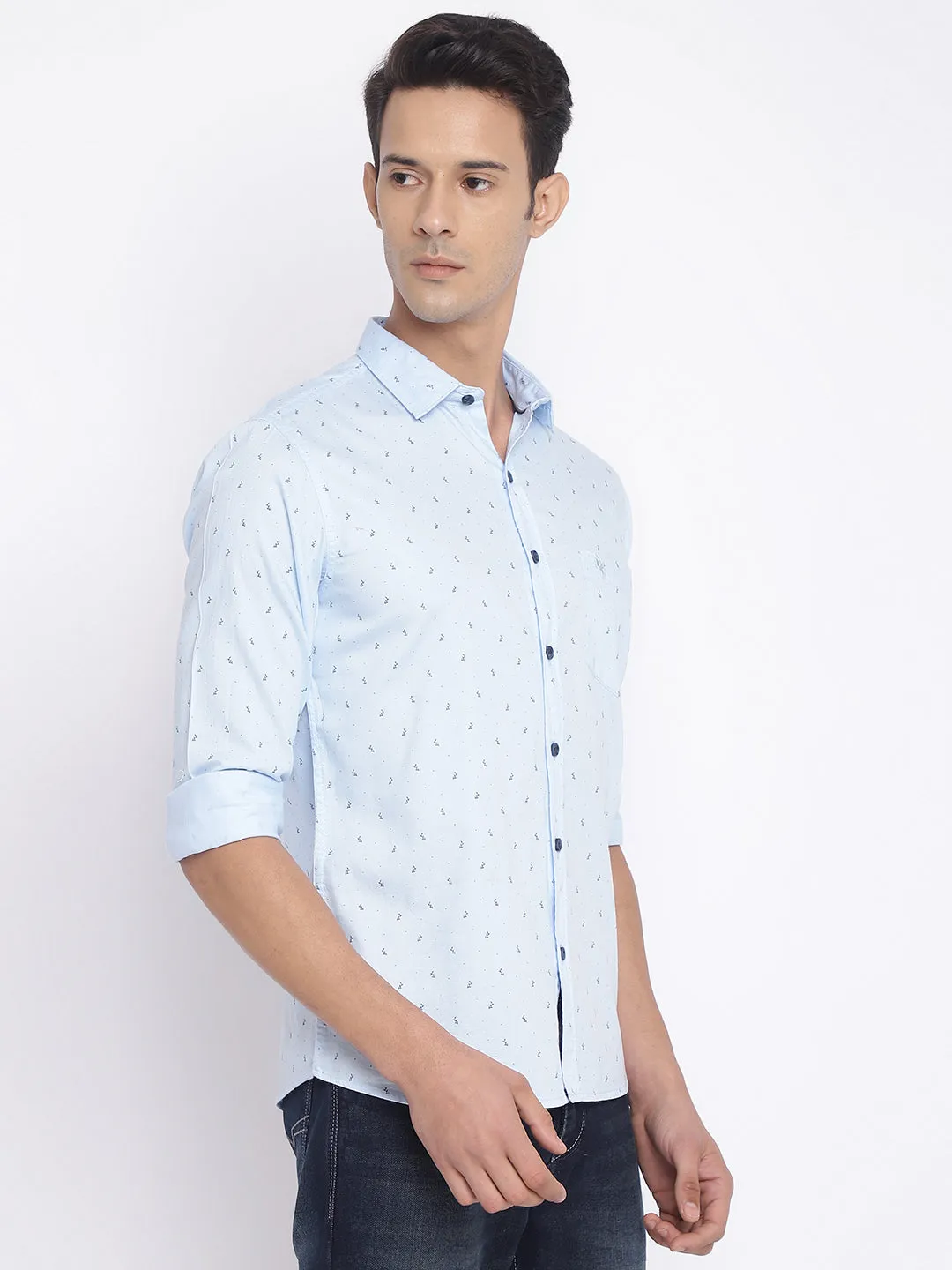 Men's Sky Blue Casual Ditsy Print Full Sleeve Shirt