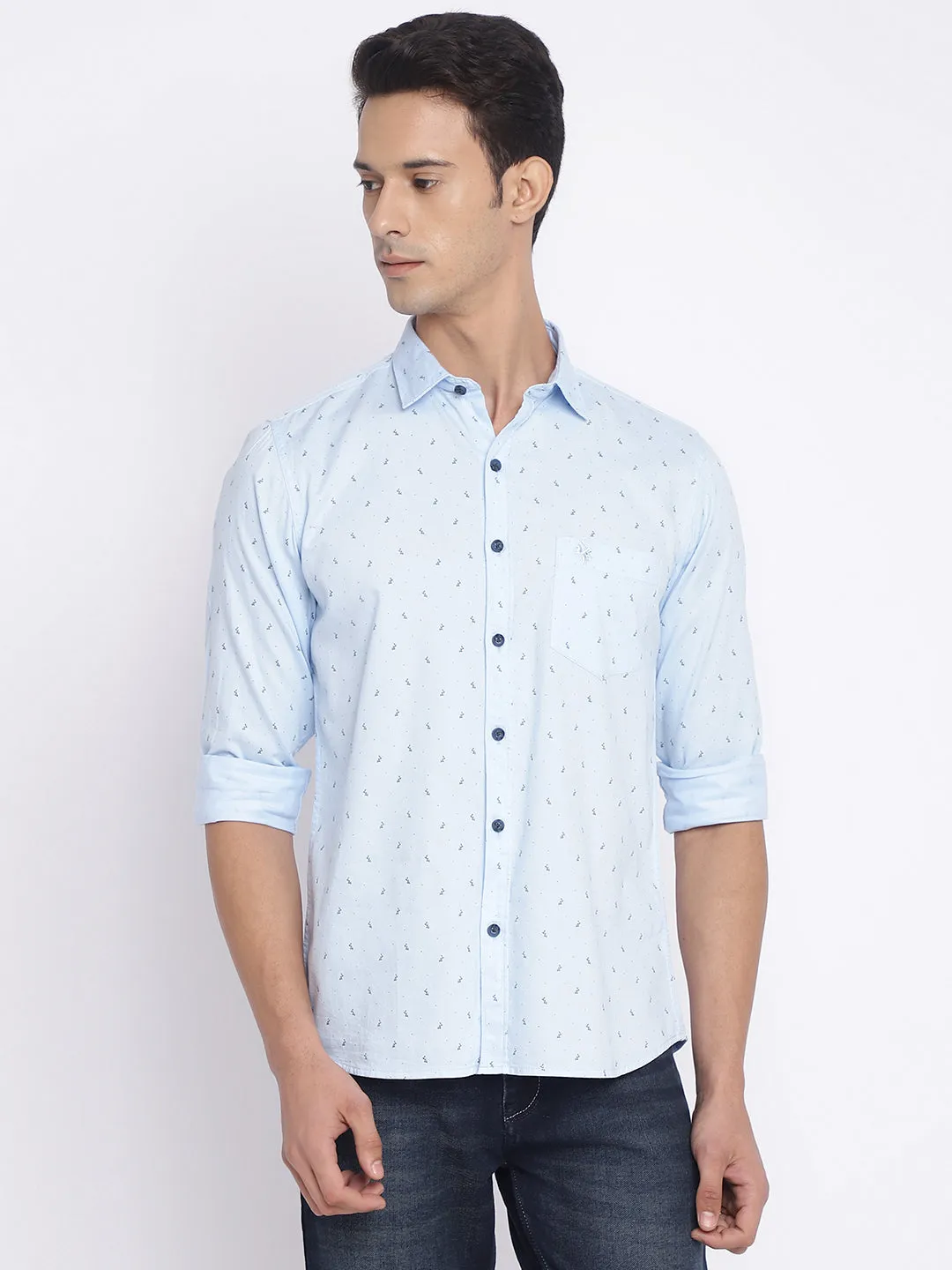 Men's Sky Blue Casual Ditsy Print Full Sleeve Shirt