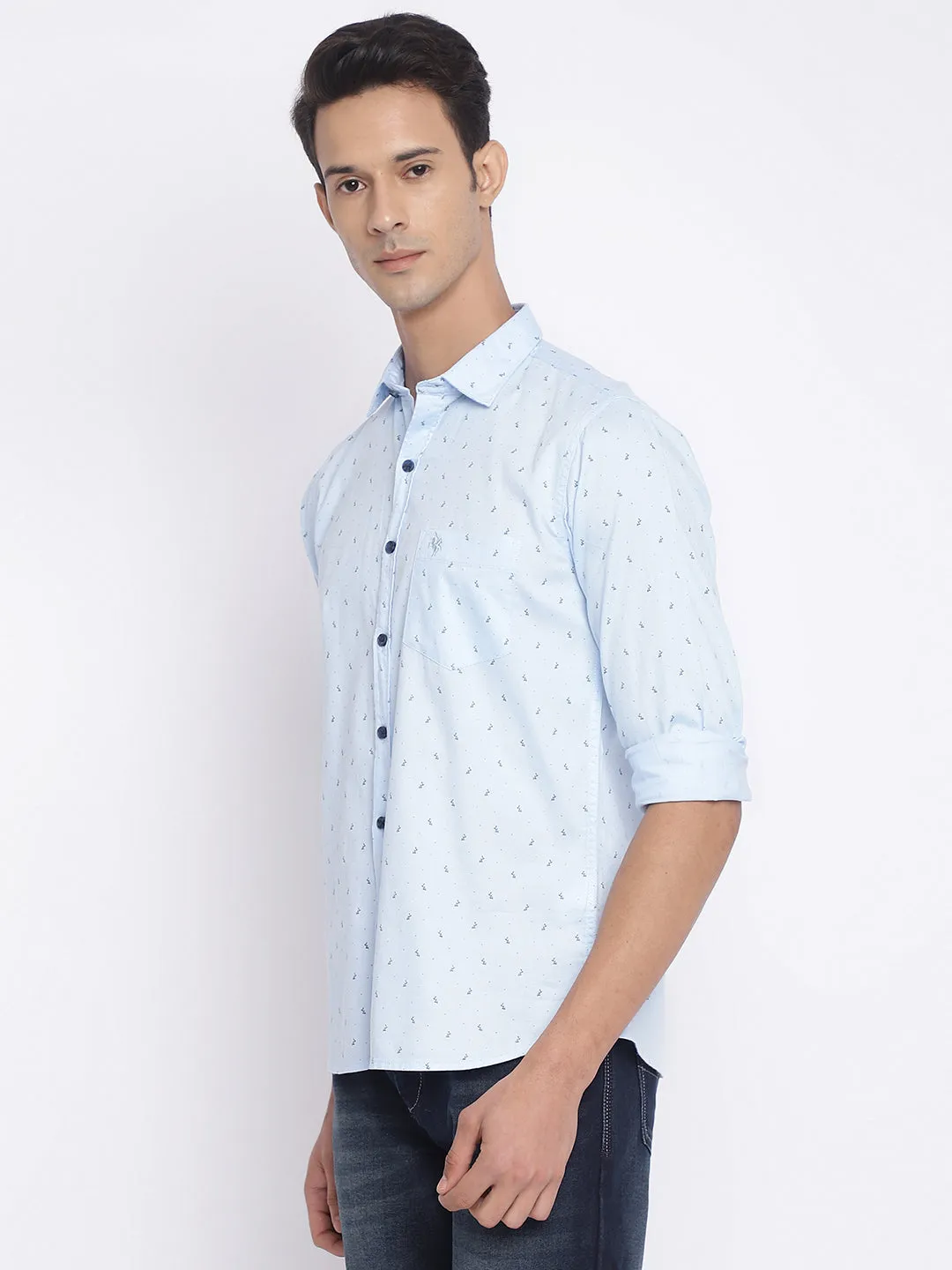 Men's Sky Blue Casual Ditsy Print Full Sleeve Shirt