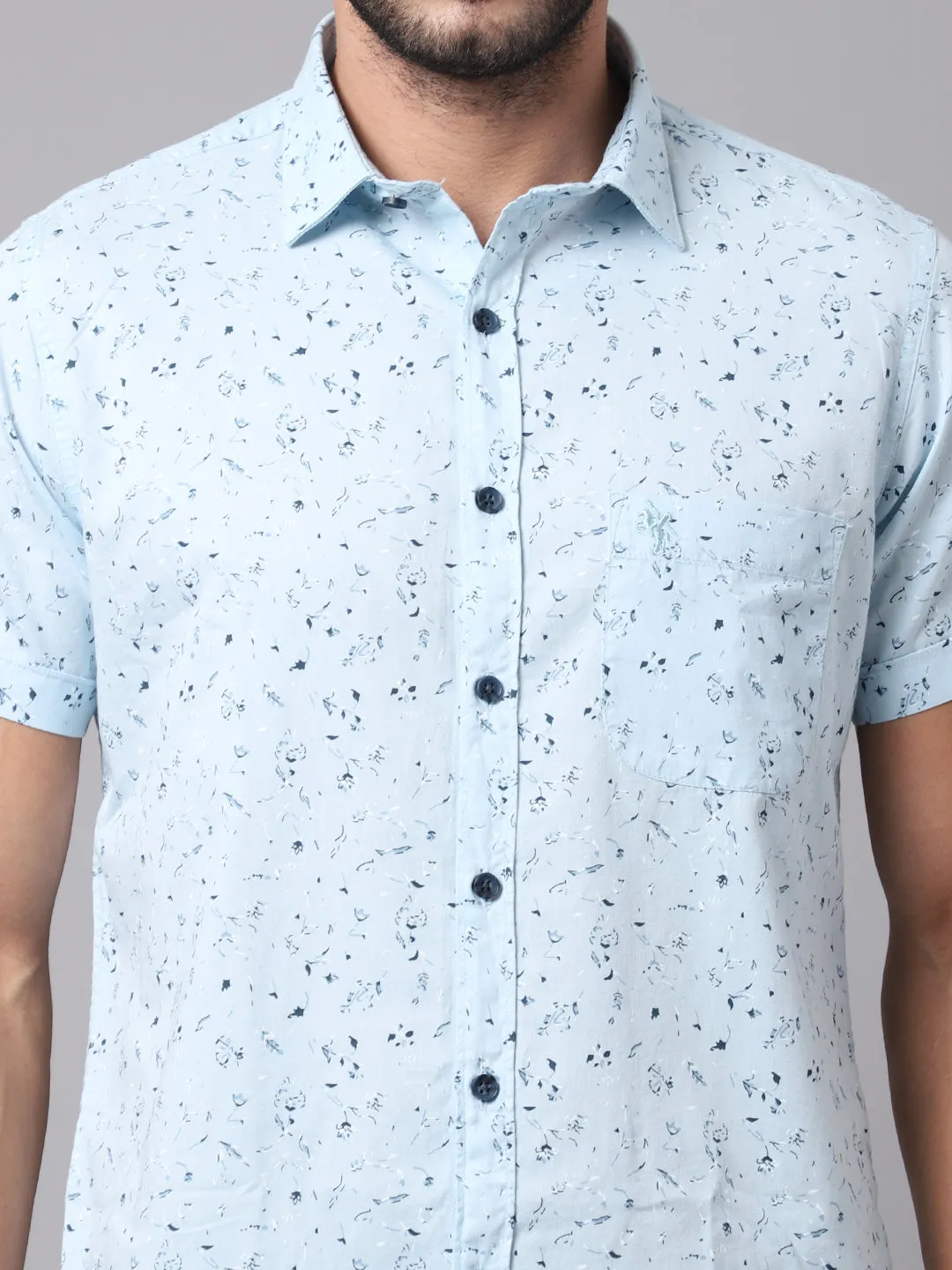 Men's Sky Blue Casual Floral Ditsy Print Half Sleeve Shirt