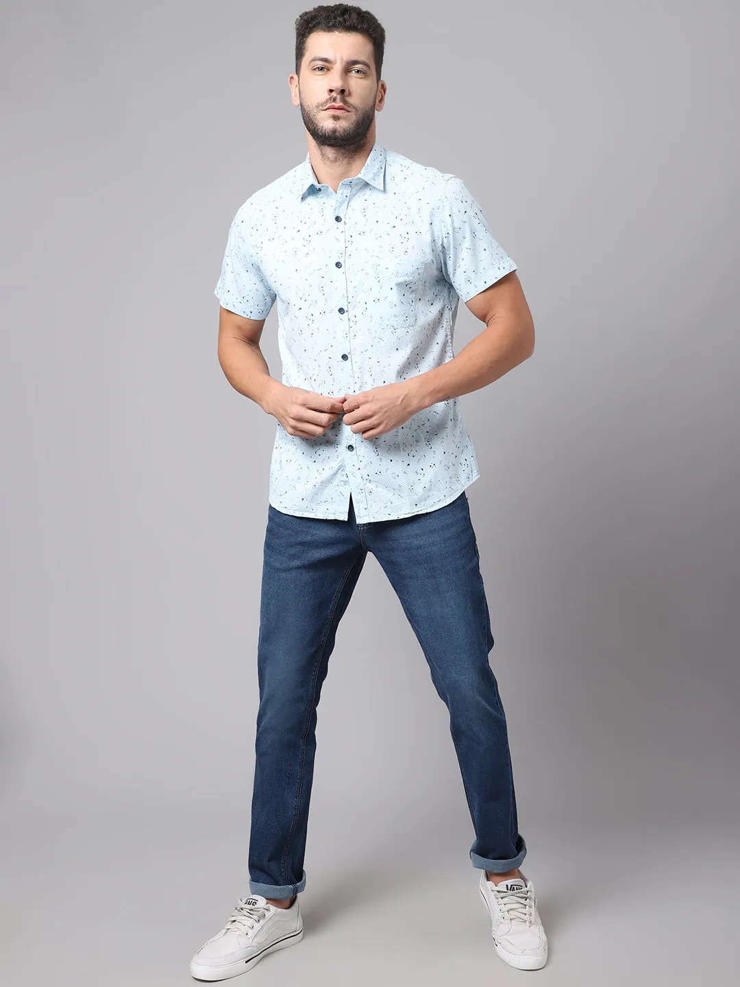 Men's Sky Blue Casual Floral Ditsy Print Half Sleeve Shirt